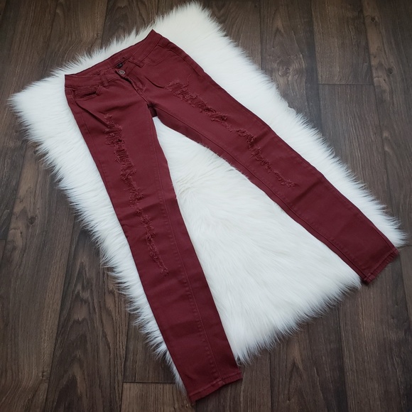 ChiQle Super Skinny Burgundy Distressed Jeans - Picture 3 of 7